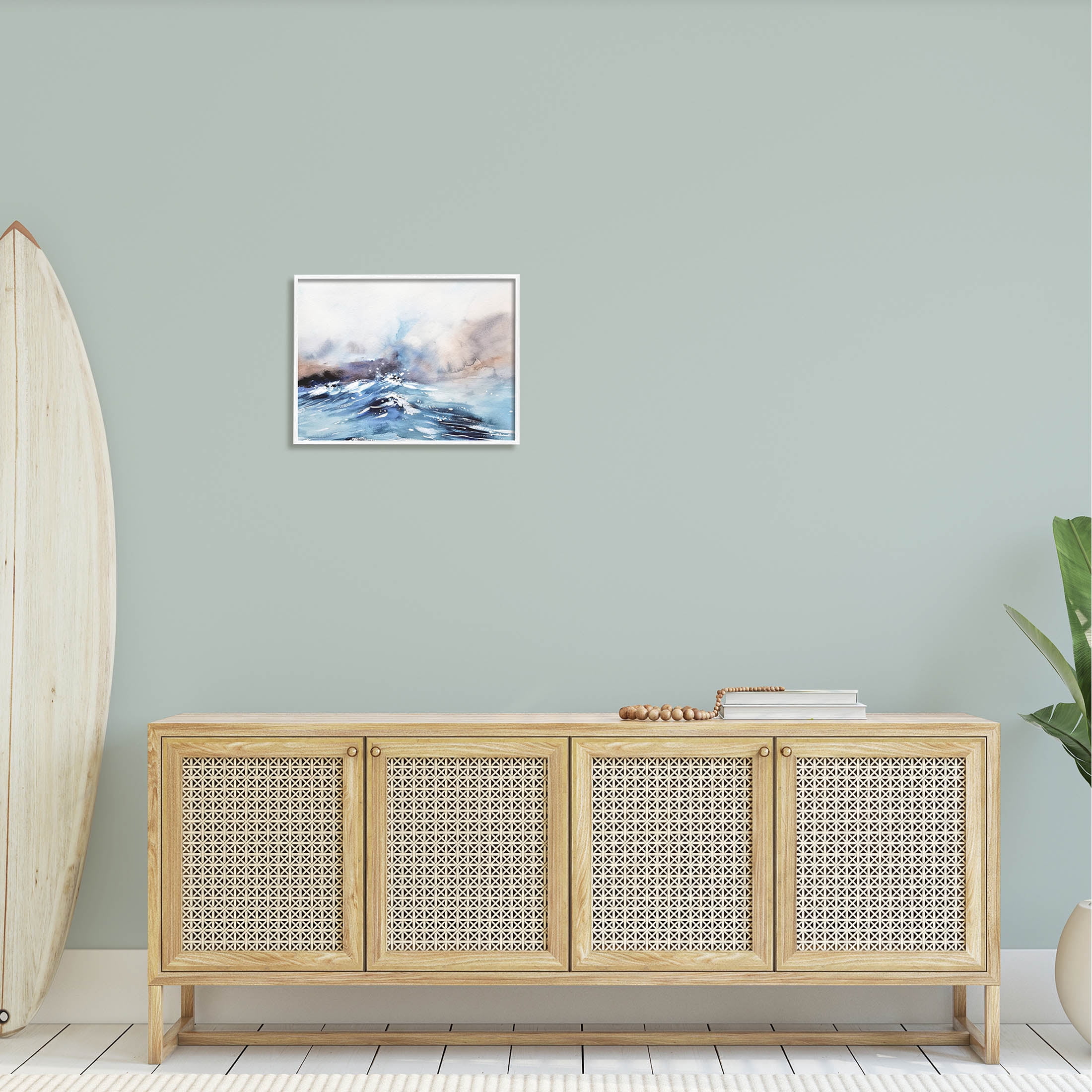 Abstract Crashing Ocean Waves Coastal Painting White Framed Art Print Wall Art