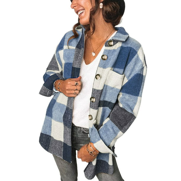 Powerdelux Womens Plaid Shacket Casual Oversized Flannel Long ...
