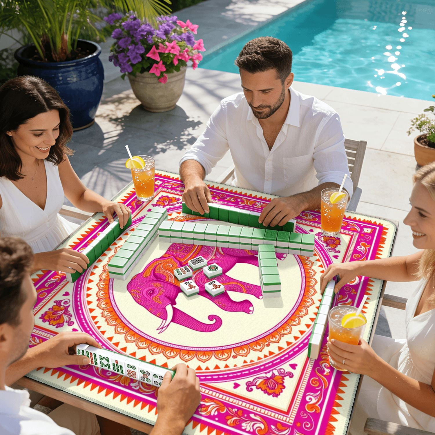 Mahjong Mat 31.5" x 31.5" Ornate Pink Elephant Mandala Art Intricate Floral Ethnic Patterns Non-Slip Noise Reduction American Mahjong Tiles Table Cover for Dominoes Poker Card Board Games Gift