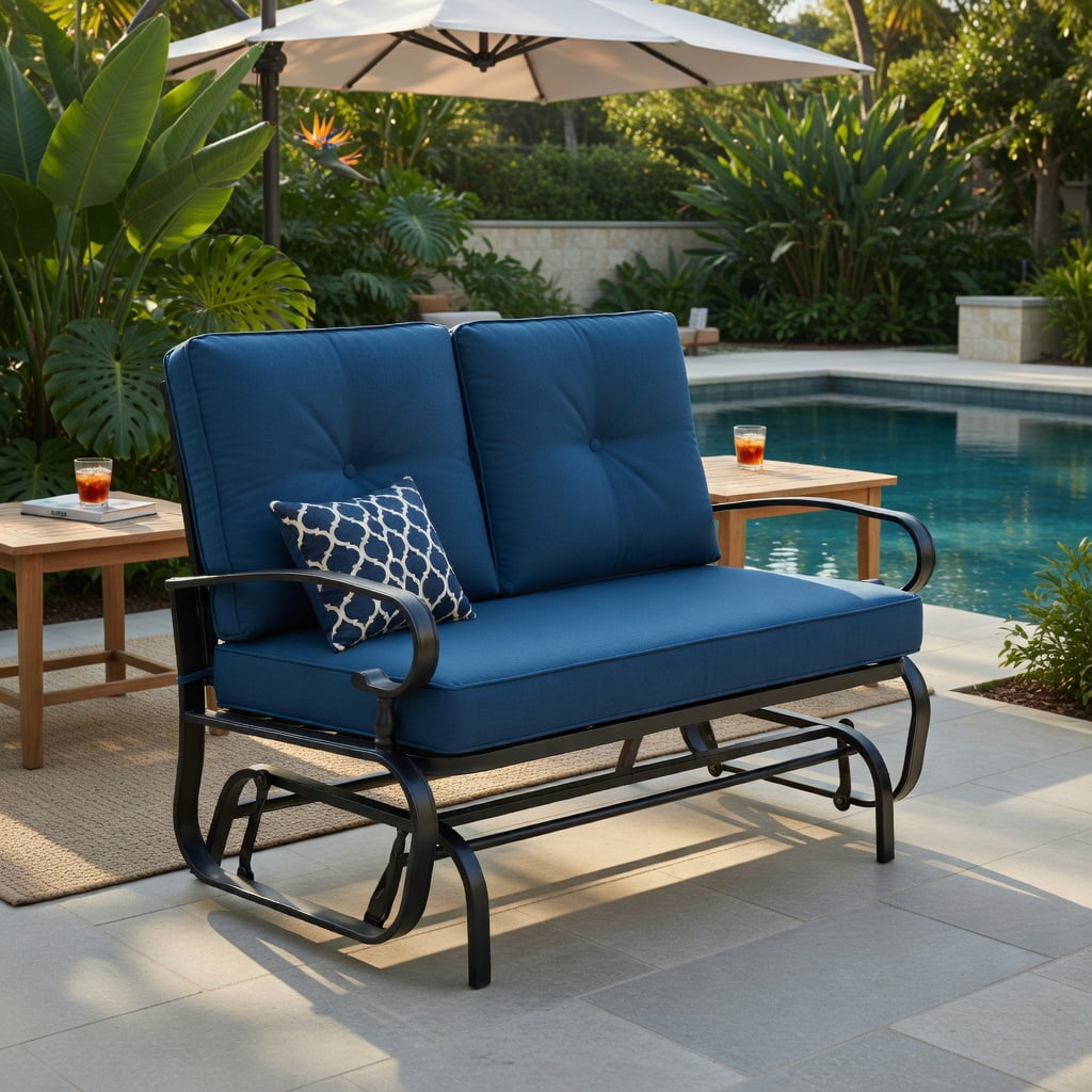 Hommoo 2-Person Outdoor Swing Glider Bench with Cushions, Steel Frame, Olefin Fabric, Patio, Porch & Backyard Seating, Navy