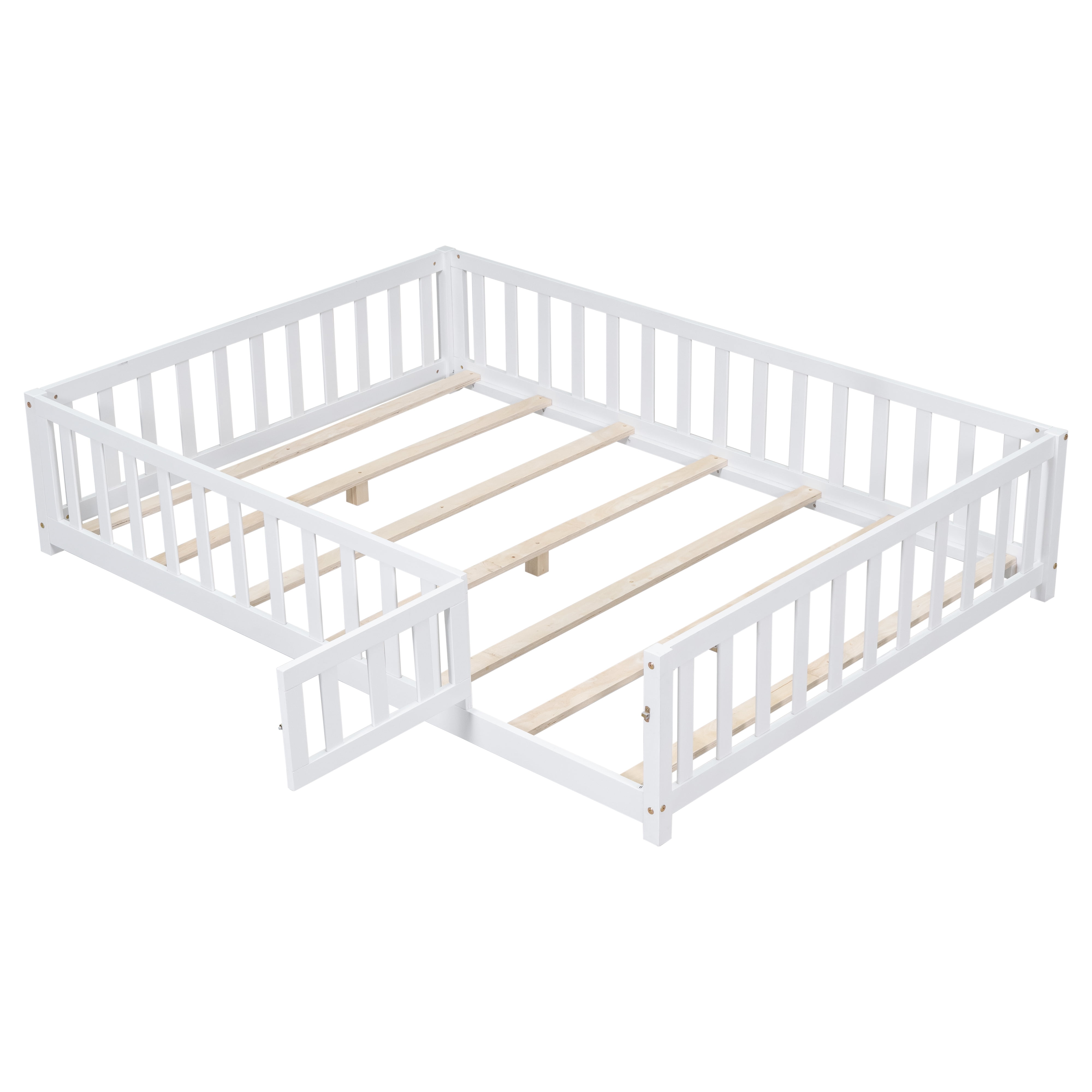 Full Size Floor Platform Bed with Fence and Door for Kids, Montessori Floor Bed Frame with Support Slats for Toddlers, Wooden Floor Bed, White