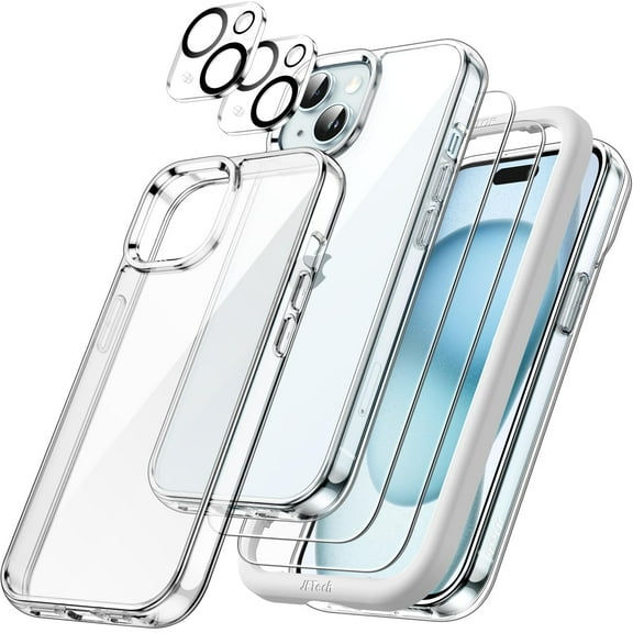 JETech 5 in 1 Case for iPhone 15 Plus 6.7-Inch with 2-Pack Each Tempered Glass Screen Protector and Camera Lens Protector, Non-Yellowing Shockproof Bumper Phone Cover (Clear)