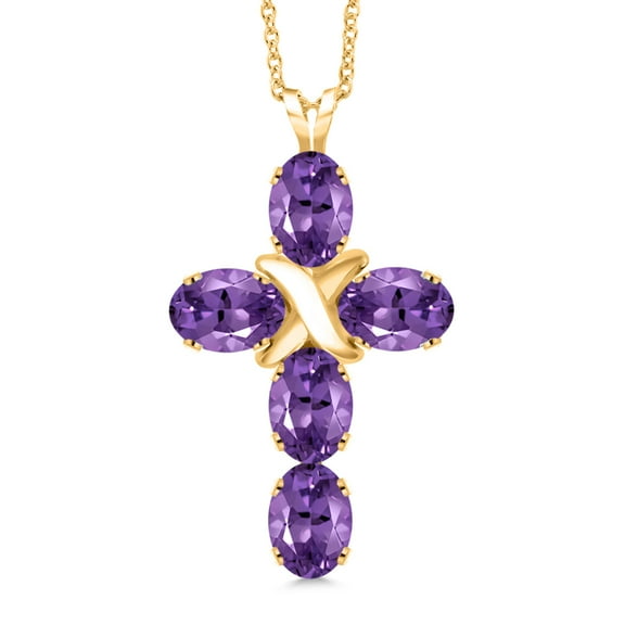 Gem Stone King 18K Yellow Gold Plated Silver Purple Amethyst Cross Pendant Necklace for Women (2.25 Cttw, Gemstone February Birthstone, Oval 6X4MM, With 18 inch Silver Chain)