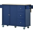thumbnail image 5 of Rolling Mobile Storage Cabinet, Modern Kitchen Island with Drop Leaf, Solid Wood Top, Locking Wheels, Storage Drawers and Adjustable Shelves, 52.7 Inch Width, Dark Blue, 5 of 9