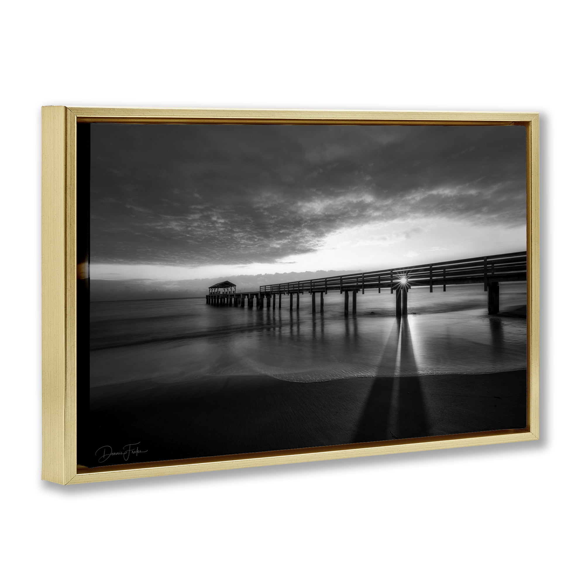 Stupell Industries Sun Shining Through Dock Landscape Photography Gold Floater Framed Canvas Art Print Wall Art, 25 x 17