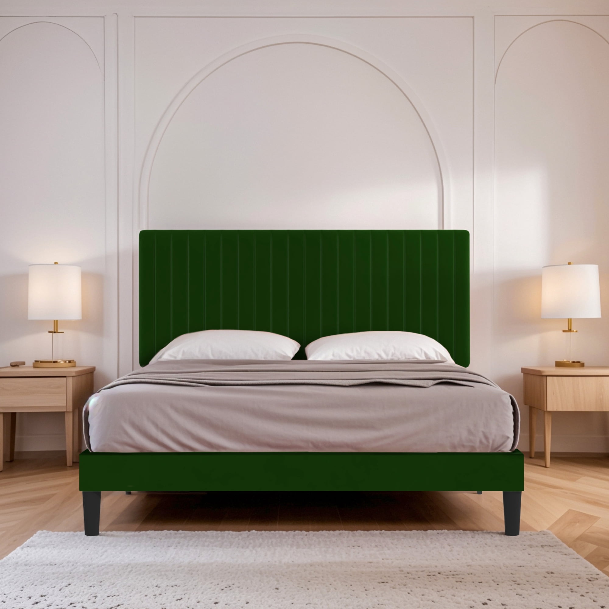 Einfach Queen Size Platform Bed Frame with Upholstered Adjustable Velvet Vertical Tufted Headboard, Green