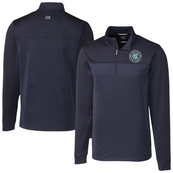 Men's-Cutter & Buck Navy New York City FC Traverse Stretch Eco Stripe Quarter-Zip Pullover Top