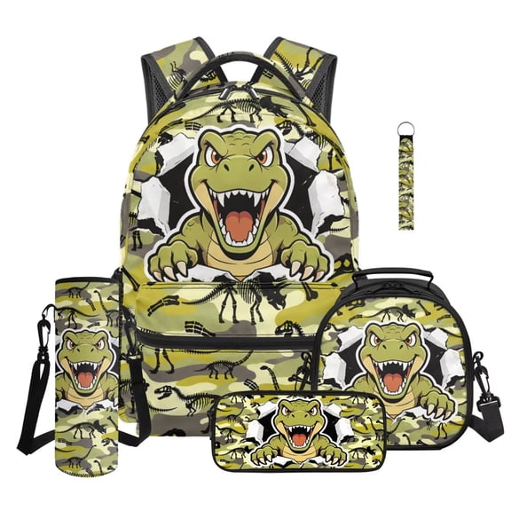 XYZCANDO Dinosaur 5Pcs Kids Backpack for Girls with Lunch Bag Camo Pencil Case Water Bottle Bag Lanyard Keychain Lightweight for Middle High School