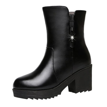 

GNEIKDEING Women Keep Warm Winter Square Heels Zipper Mid Calf Boots Round Toe Shoes Gift on Clearance