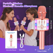 Bonaok Bluetooth Wireless Karaoke Microphone, Portable Handheld Karaoke Machine with LED Lights, Bluetooth Microphone Speaker Singing Gift for Kids Adults(Rose Gold)