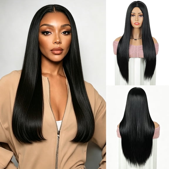 QUEENTAS 24 Inch Glueless Long Straight Black Wig for Women – Synthetic Heat-Resistant Wig, Wear & Go Pre-Plucked Natural Hairline, Everyday & Party Wig (Black)
