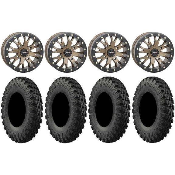 System 3 SB-4 Bronze (4 3) 15" Wheels 30" MotoRally Tires Can-Am Commander Maverick Renegade Outlander Defender