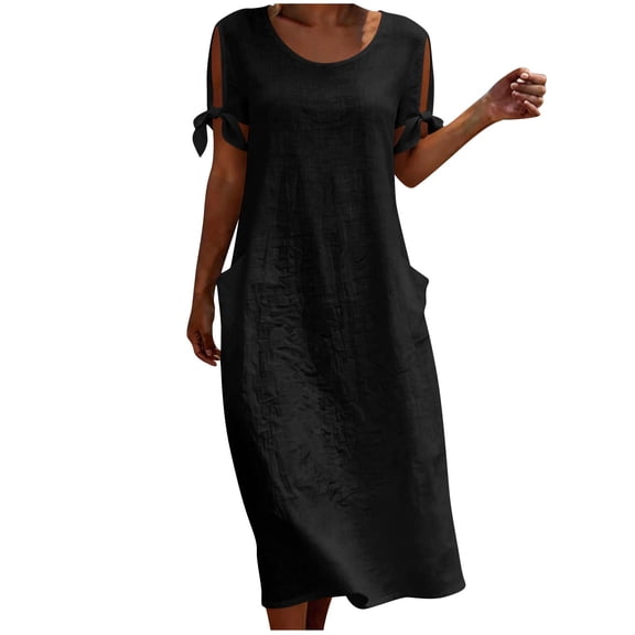Efsteb Casual Dresses for Women 2026 Short Sleeve Bandage Cuff Comfy Dress with Pockets Round Neck Cold Shoulder Loose Fit Everyday Dress (Black,M)