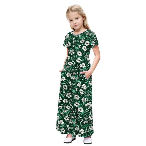 WRKEKC Dresses for Girls Short Sleeve Floral Print Pocket Tiered Ruffled Maxi Long Dress Soft for 4-14 Years