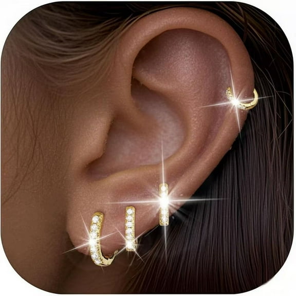 Mucky Cat 4 Pairs Silver Hoop Earrings for Women, CZ Small Huggie Cartilage Post Hypoallergenic Earrings Set - Birthday Christmas Jewelry Gifts for Teen Mom Wife Adults