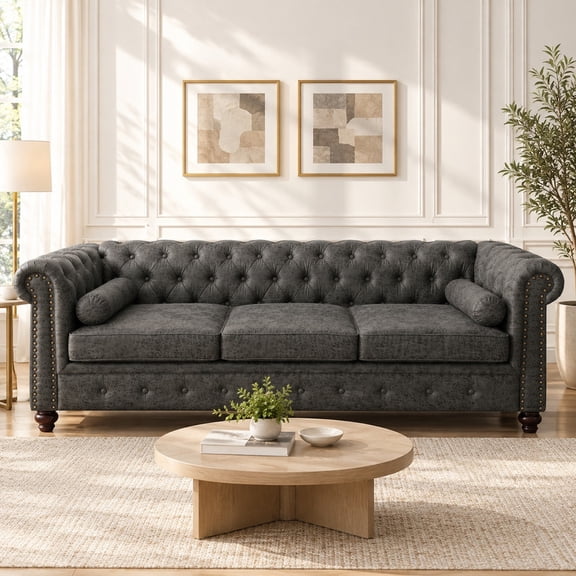 Anpport 81" Rolled Arm Chesterfield Sofa, Faux Leather 3 Seater Couch, Button Tufted, Nailhead Trim & Solid Wood Legs for Living Room & Office, Dark Grey