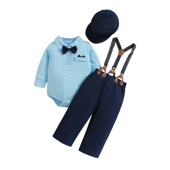 JYYYBF Infant Baby Boy Clothes Suit Newborn Gentleman Outfits Long Sleeve Dots Print Bow Tie Romper Suspender Pant Hat Wedding Set