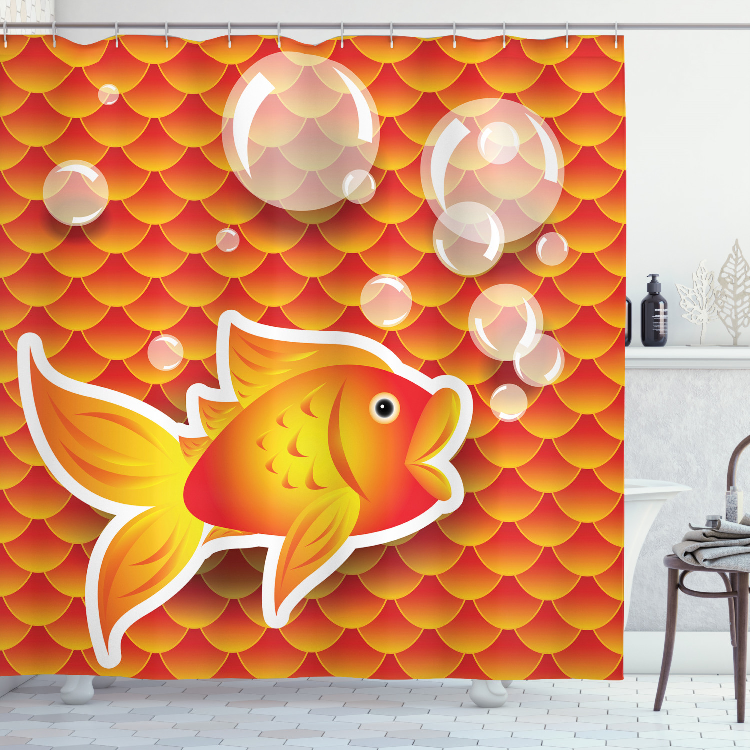 Orange Shower Curtain Set, Cute Small Goldfish Talking with Bubbles