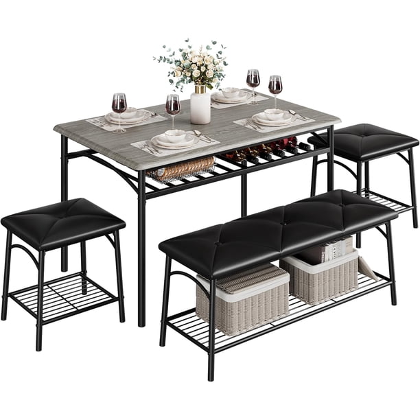Gris dining mesa set para 4: kitchen mesa con forrado dining bench, square stools, y almacenamiento para small space apartments