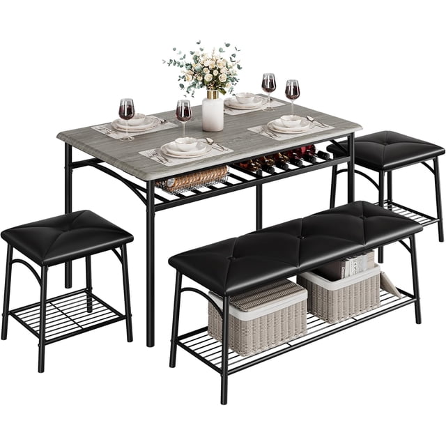 Ourlova Dining Table Set for 4 Kitchen Table Set of 4 with Upholstered Dining Bench and Square Stools Dining Set for 4 with Storage for Small Space Apartment Grey