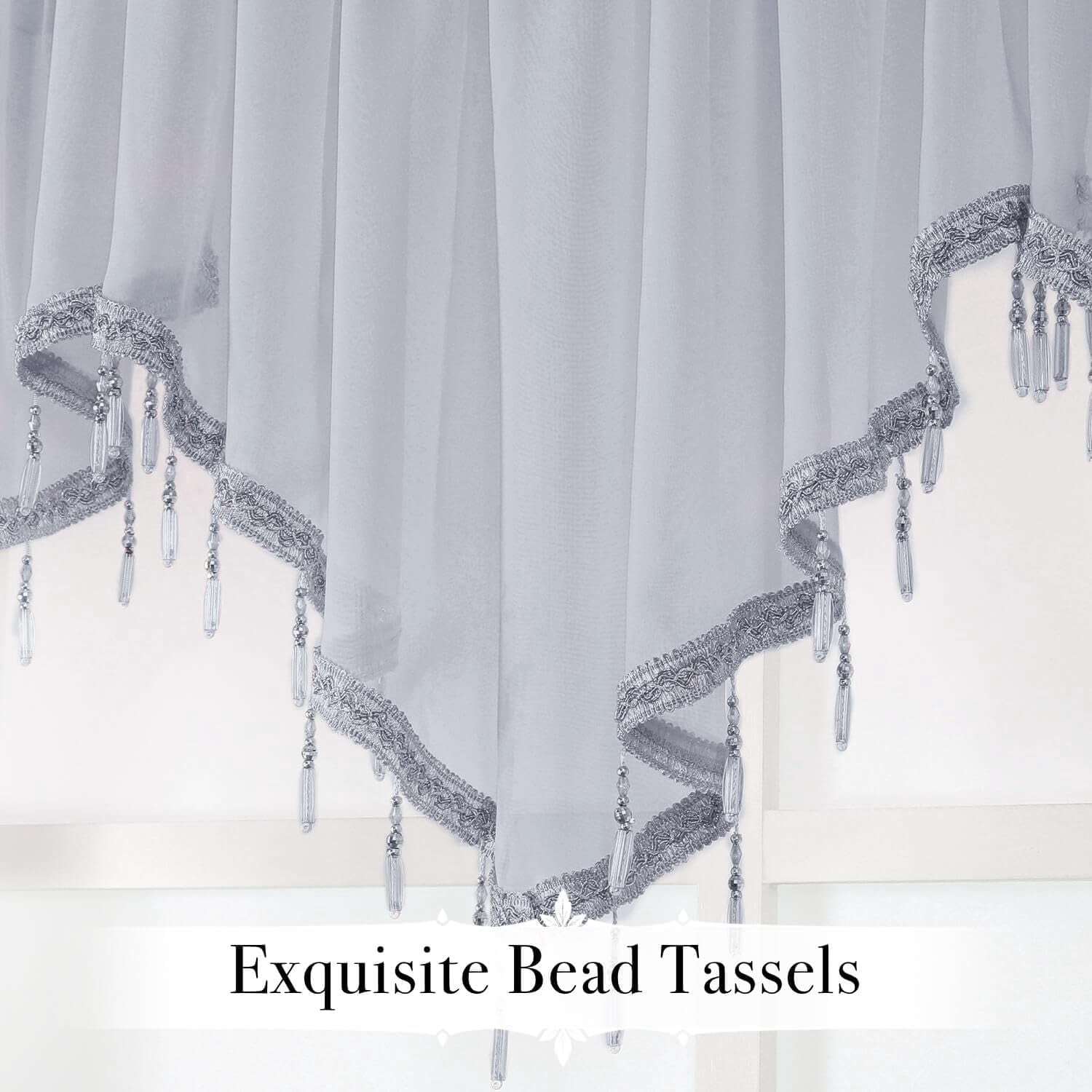 Kiibsot 3-Pack Halloween Beaded Sheer Valance Curtains for Windows, Triangle Sheer Voile Kitchen Swag Curtain Valances Boho Bead Tassels Window Valances for Bedroom Living Room, Each 51 x 24 Inch