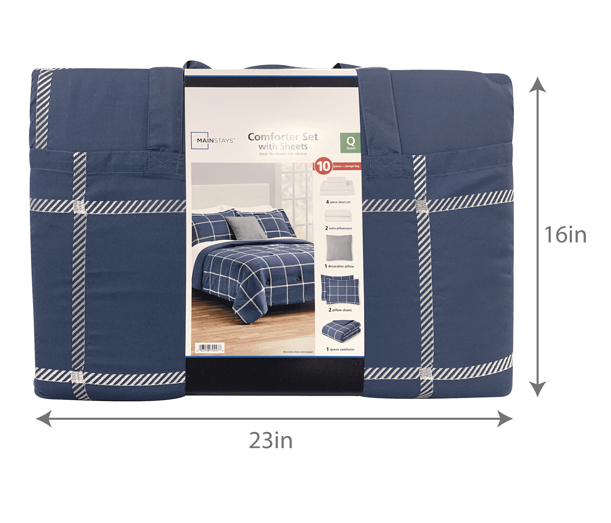 Free Shipping! Mainstays Navy Windowpane 10 Piece Bed in a Bag Comforter Set with Sheets, Full  (图3)
