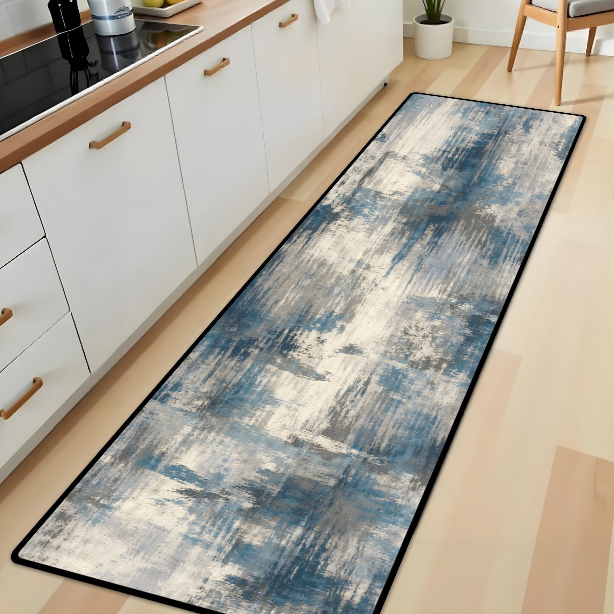 Blue Grey Abstract Brushstroke Hallway Runner Rug, 60x18 Inches Modern Textured Long Floor Mat, Non-Slip Washable Contemporary Art Rug for Entryway Kitchen