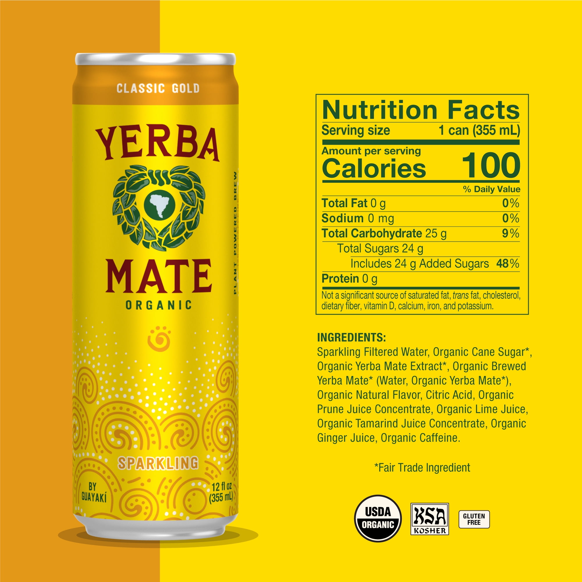 Guayakí Yerba Mate, Organic Sparkling Classic Gold, 80mg Natural Plant Based Caffeine, Smooth Energy & Focus, Carbonated, 12 Oz (Pack of 12)