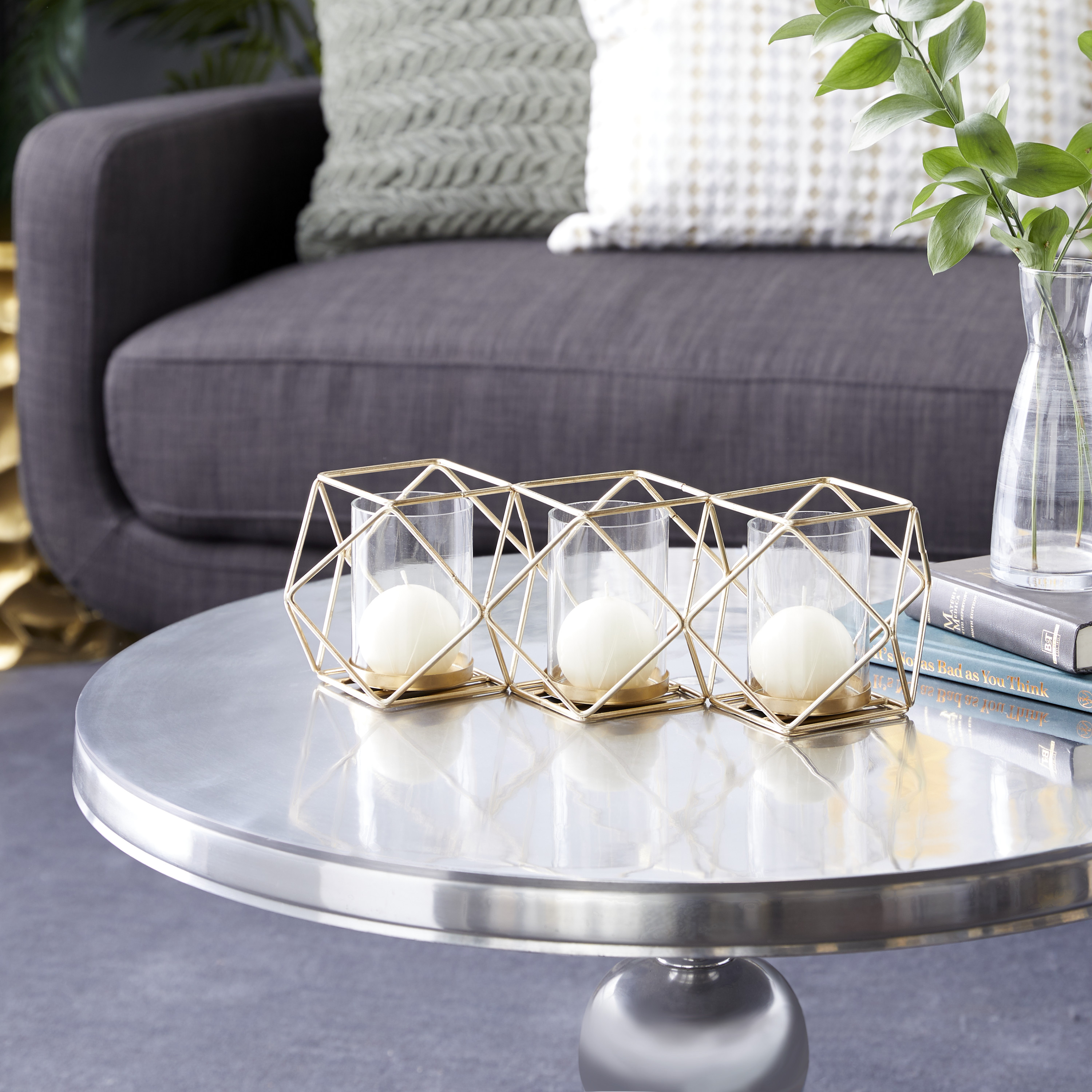 DecMode 15.25"W, 5.5"H Metal Modern Candle Holder, Gold, 1 - Piece