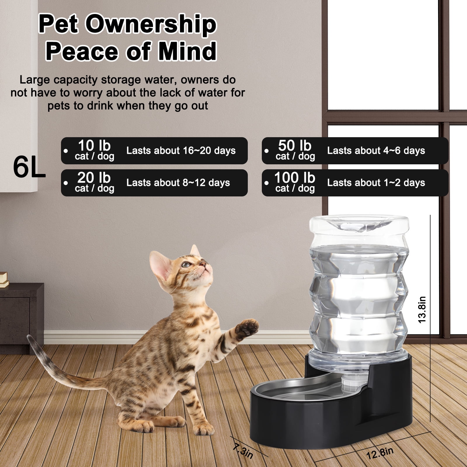 RIZZARI Stainless Steel 6L Pet Feeder - Automatic Pet Waterer without Filter for Dogs and Cats, 100% BPA Free