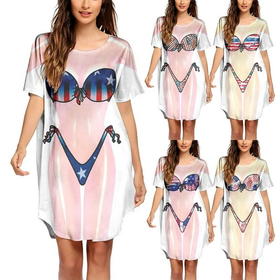 Mothers Day Gifts For Mom AXXD Women'S Swimwear Cover Ups Bikini Shirt Cover Up Short Sleeve Cute Bikini Print Cover-Up Baggy T Shirt Dress Wear