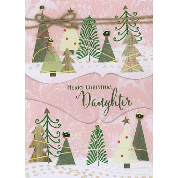 Designer Greetings Top and Bottom 3D Die Cut Pink Panels with Foil Trees, Gold Sequins and Brown Twine Hand Decorated Christmas Card for Daughter