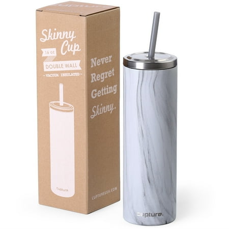 16 Oz Commuter Tumbler - Cupture Stainless Steel Skinny Insulated Tumbler Cup with Lid and Reusable Straw - 16 oz (White Marble)