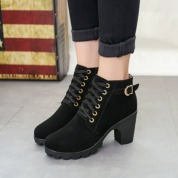 Tejiojio Clearance Metal Solid Color Round Toe Thick Side Zipper Winter Women's Leather Boots