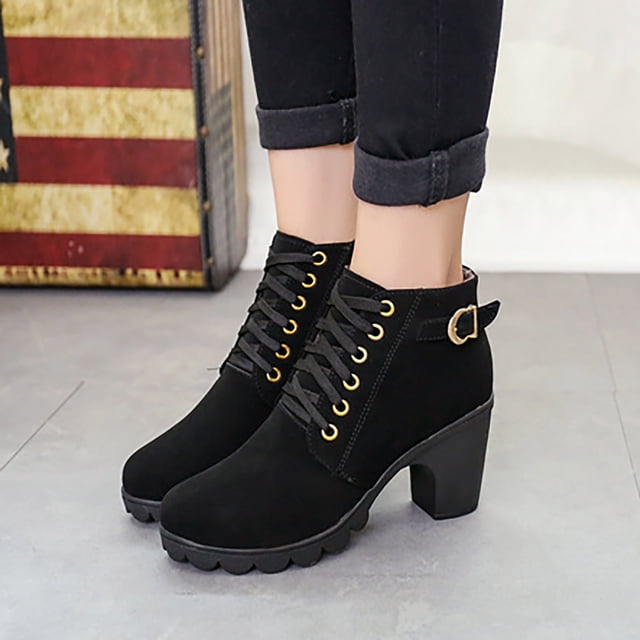CEHVOM Metal Solid Color Round Toe Thick Side Zipper Winter Women's Leather Boots