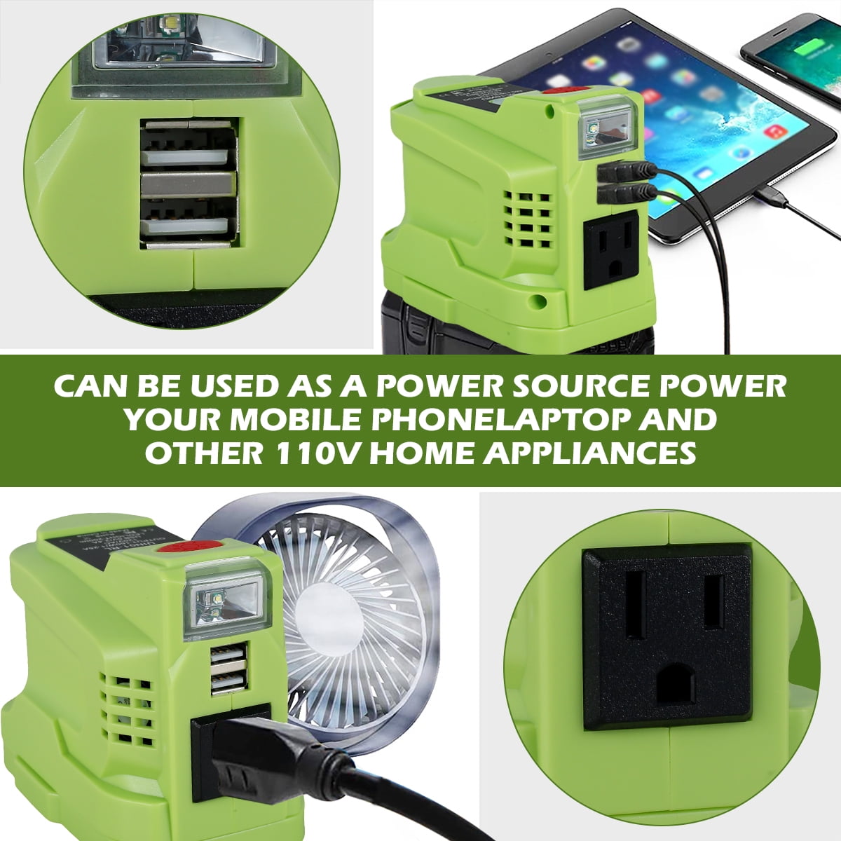 Wekvgz 150W Power Inverter Compatible with Ryobi 18V Battery Power Inverter 18V to 110V 120V Portable Station Supply Charger with AC Outlet and Dual USB Output LED Light for Outdoor Camping