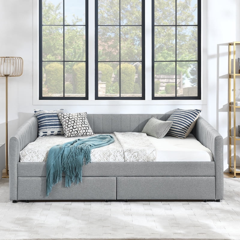 Queen Size Linen Storage Daybed with Trundle & Drawers, Upholstered Sofa Platform Bed Frame with Vertical Stripes Backrest