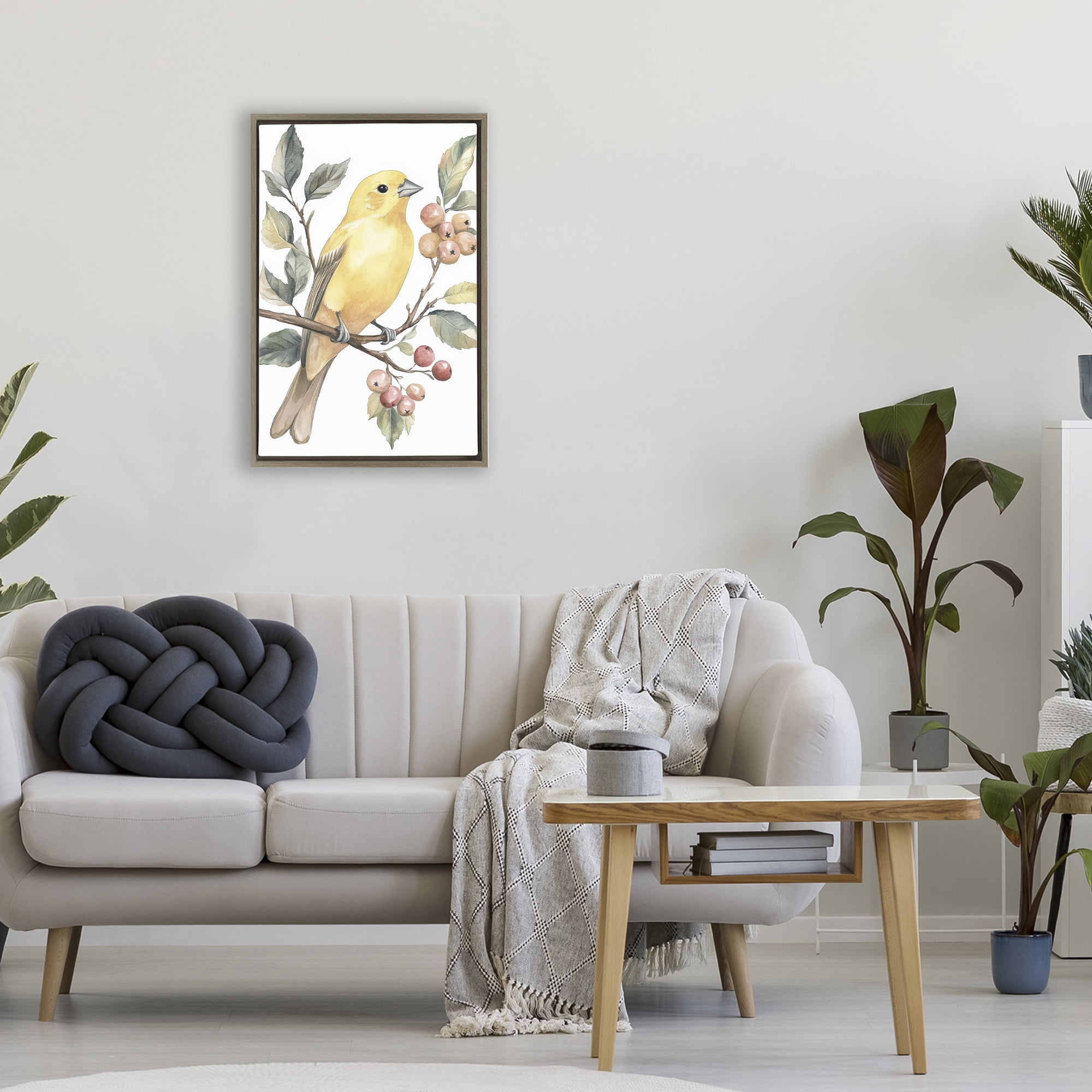 Stupell Industries Sun Lit Bird on Branch Brown Framed Floater Canvas Wall Art, design by Petal Prints Design