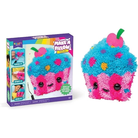 LatchKits Cupcake Pillow - Latch Hook Kits for Kids Arts and Crafts Yarn Art Kids Crafts Toys for Girls Birthday Gift for Girls Easy to Follow Pattern Hook Included Craft Kits Ages 6+