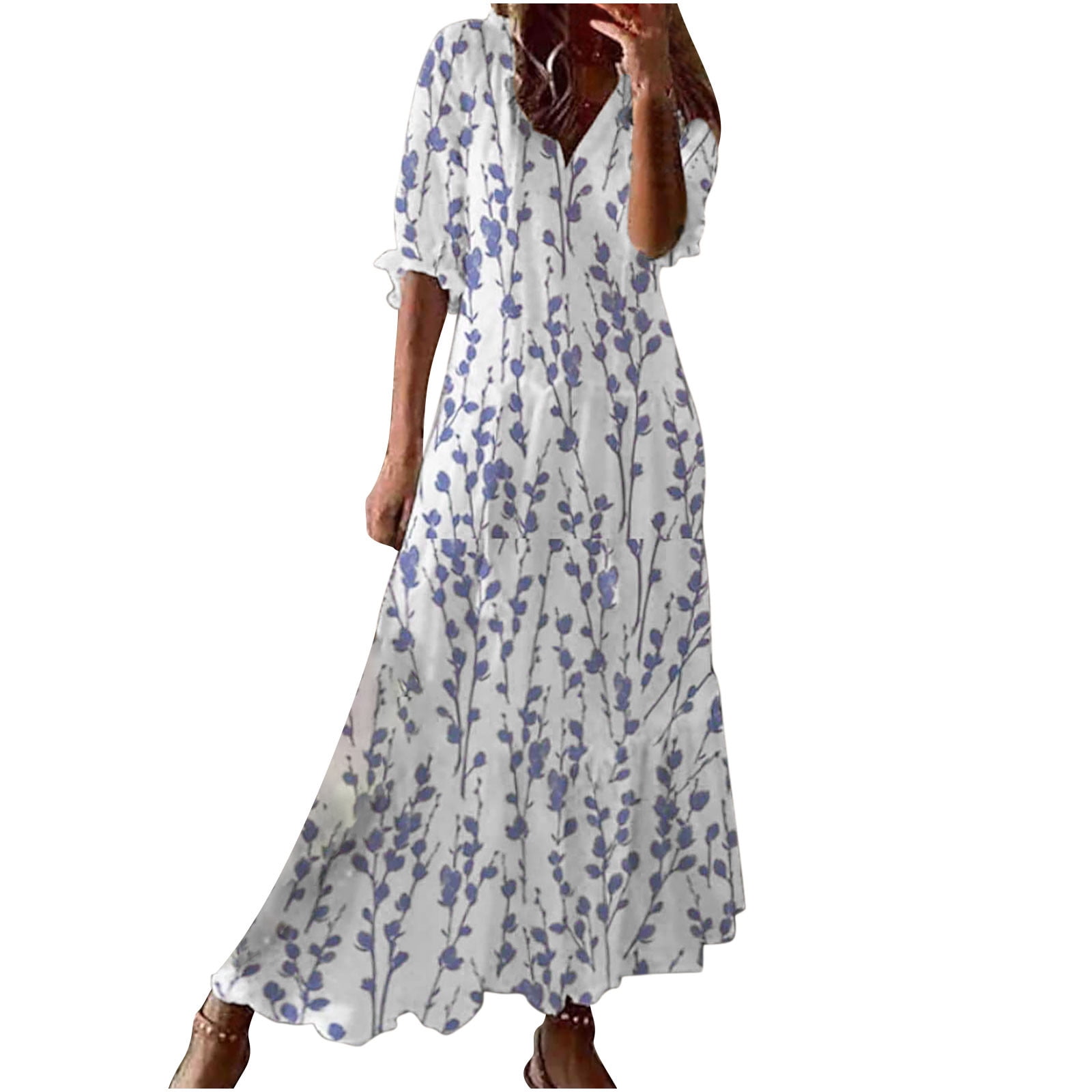 Dianli Maxi Dresses for Women Elbow-Length V-Neck Geometric Print ...