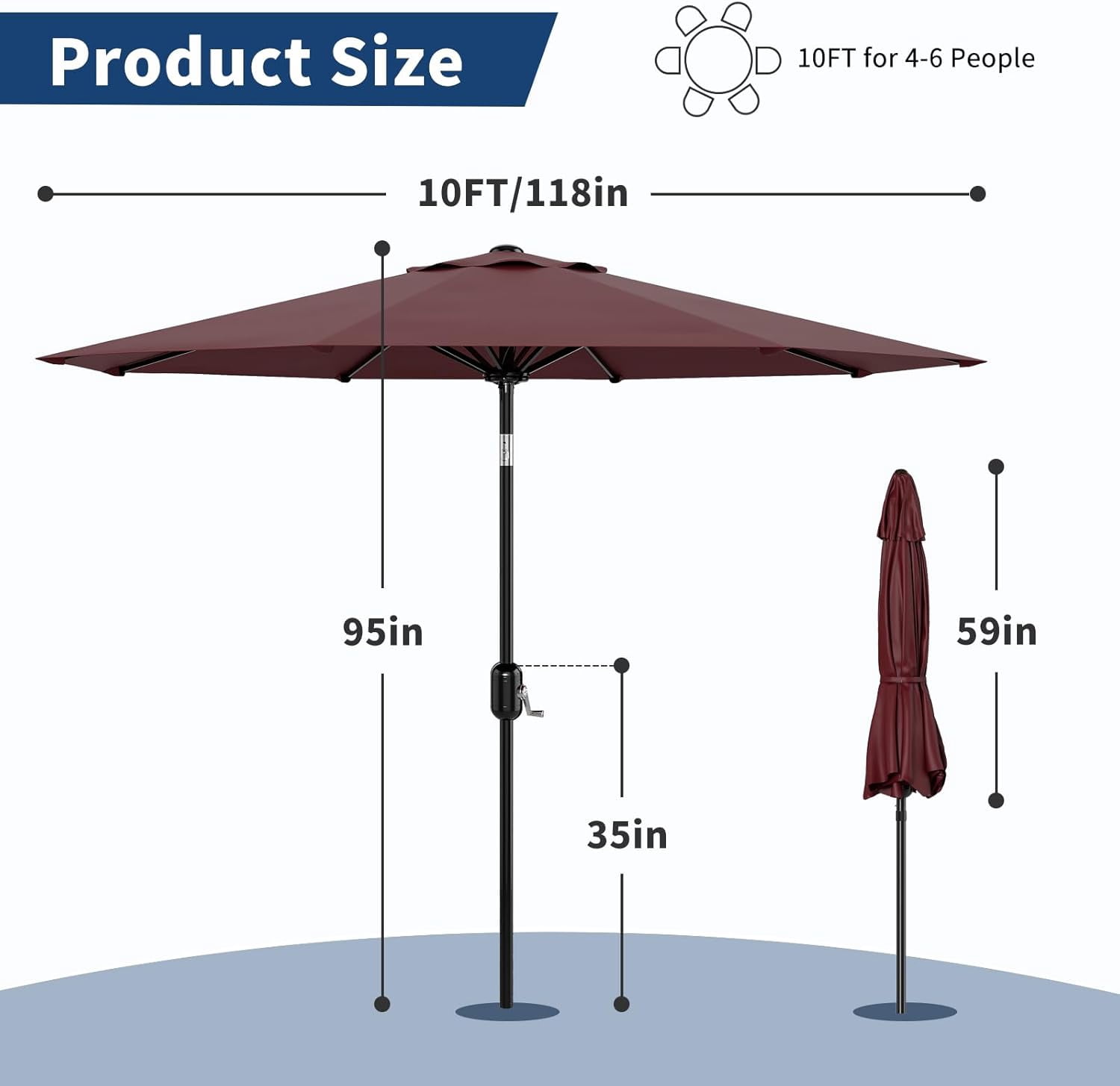 Garvee Outdoor Octagon Patio Umbrella, 8.69 x 8.69 x 7.87 ft, 8 Sturdy Ribs, Dark Red