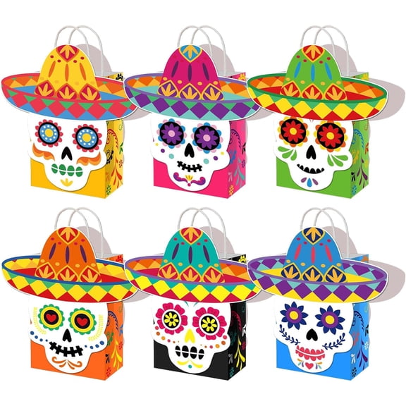 YANTONG 24 Pcs Day of the Dead Party Paper Bags Dia De Los Muertos Favors Bags with Handles Sugar Skull Treat Goodie for Halloween Party Supplies (Hat Style)