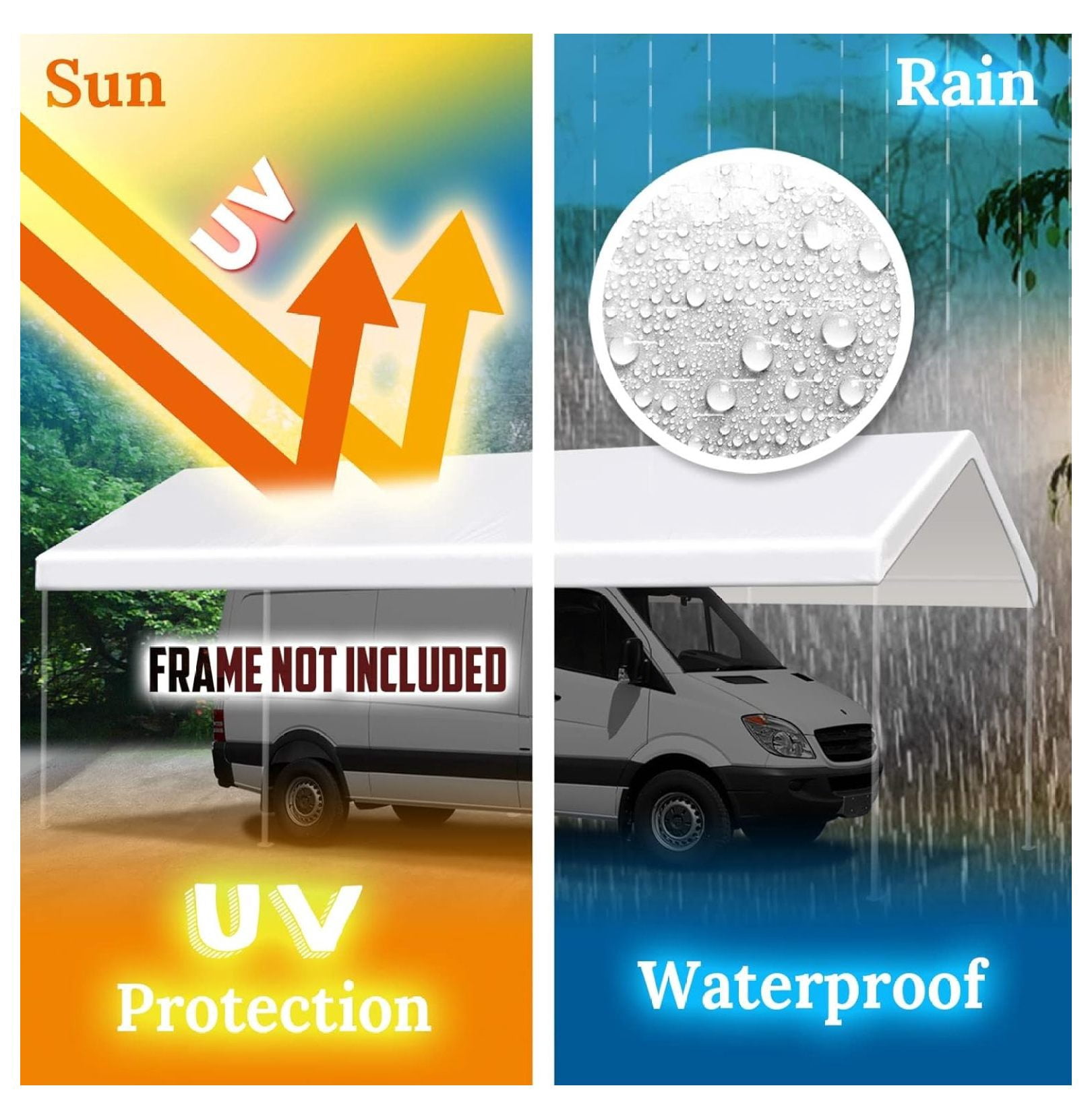 Muli-ti Size Carport Replacement Canopy Garage Top Tarp Shelter Cover w Bungee Cords, Canopy Onl with Edge (12'x20')