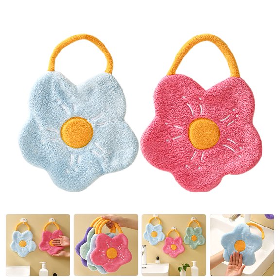 ETEREAUTY Set of 2 Absorbent Coral Fleece Hand Towels for Bathroom, Reusable Hanging Towels with Flower Design