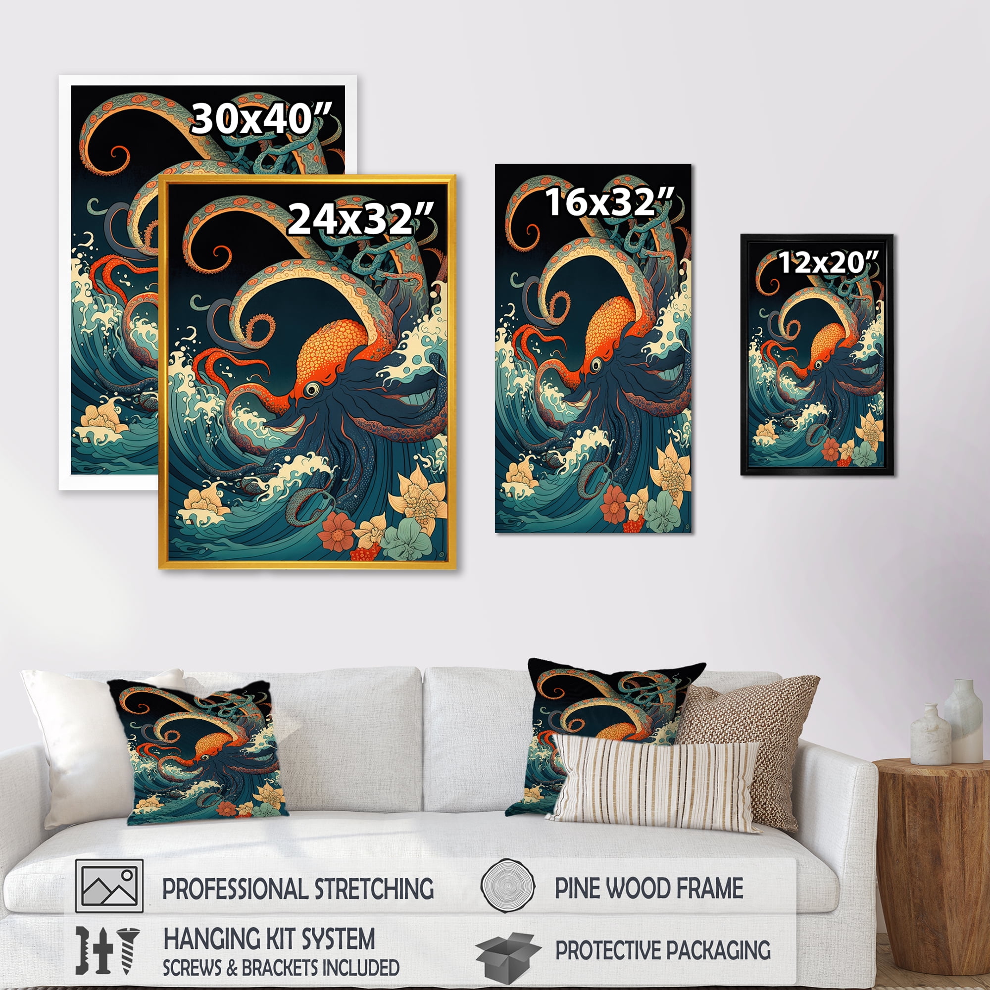 Designart Japanese Landscape With Octopus V Canvas Wall Art