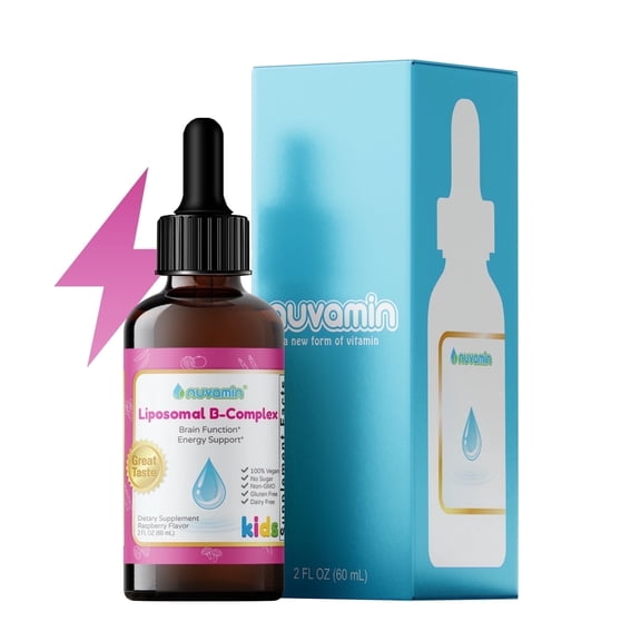 Nuvamin – Liquid Liposomal B-Complex Drops for Kids Baby Toddlers & Adults, 2Fl.Oz (60ml), 120 Daily Serving. B1, B2, B3, B5, B6, B7, B9, B12 Great Taste - Natural - High Absorption, Raspberry Flavor