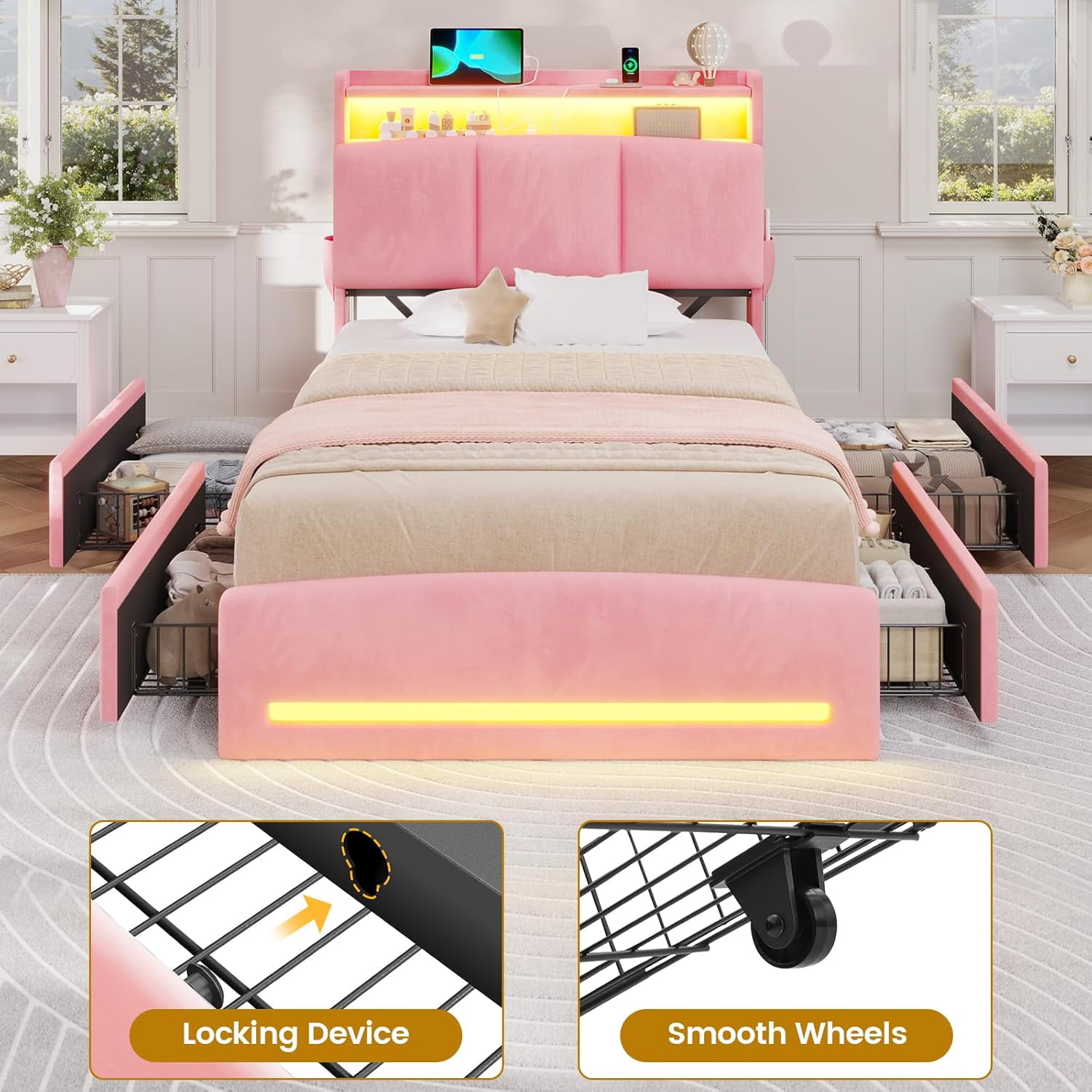 Twin Bed Frames with Storage Headboard and Charging Station, Velvet Upholstered Bed Frame Twin Size with 4 Drawers and LED Lights, Type C and USB, No Box Spring Needed, Pink