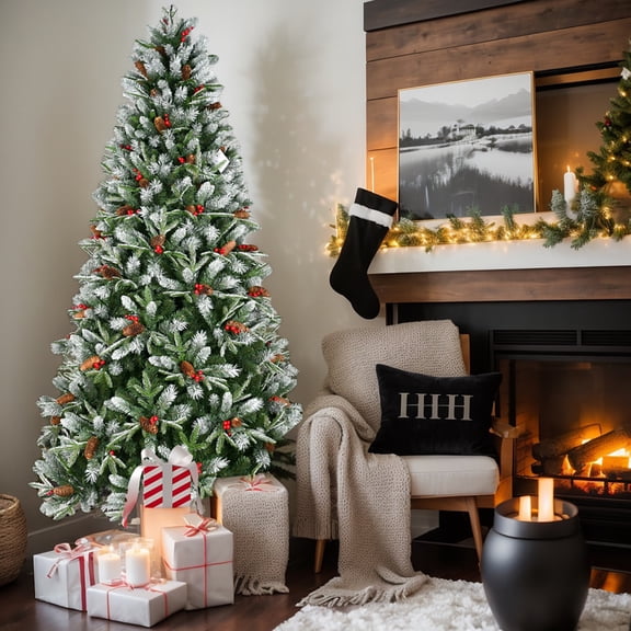 Barara King Artificial Christmas Tree, Xmas Trees,Artificial 4Ft Green Christmas Tree with 747Pe/Pvc Mixed Branch Tips,Red Fruit and Pine Cone