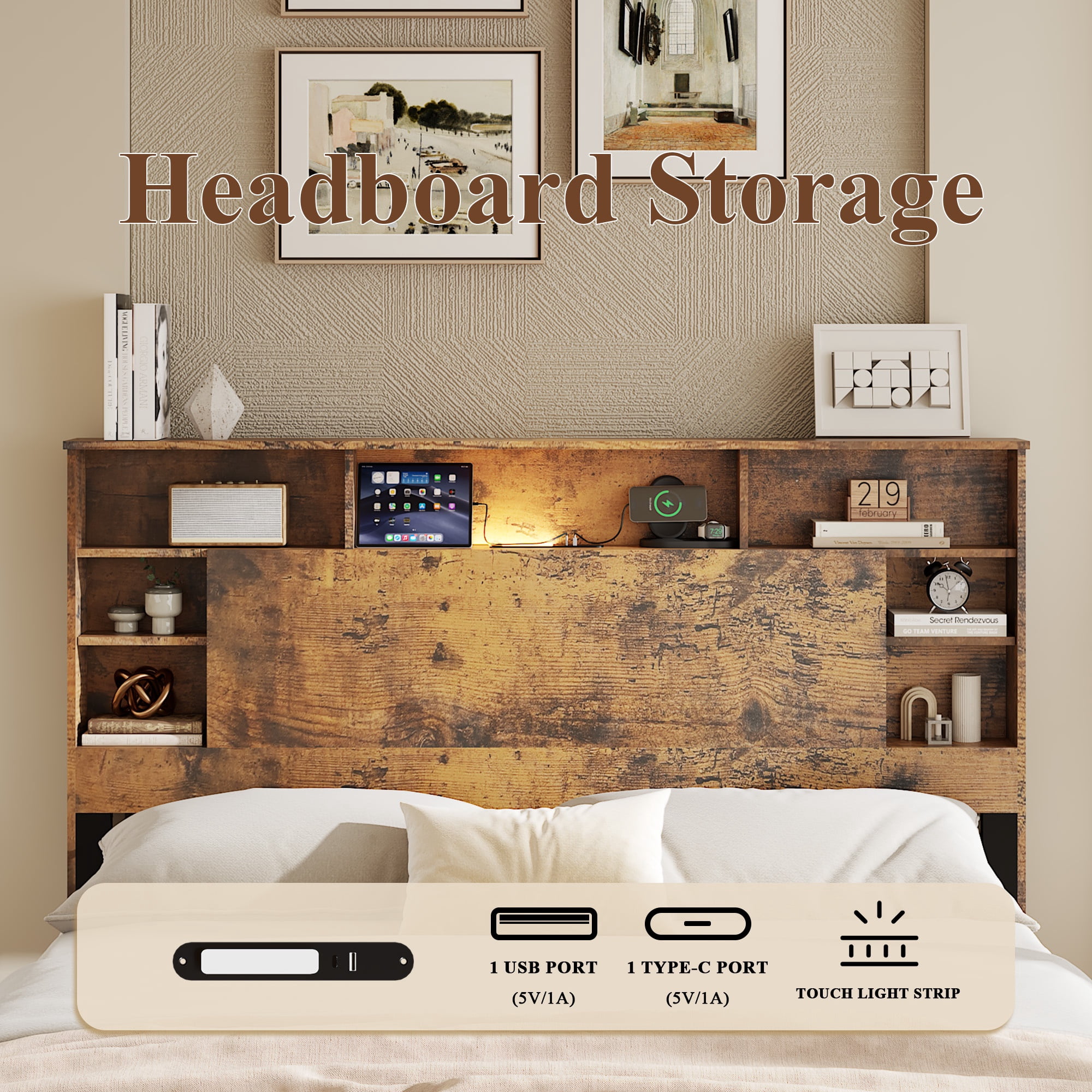 PORKISS Full Size Bed Frame with Storage Headboard, Charging Station and LED Lights, Rustic Brown Wood Platform Bed Frame with Bookcase Headboard, USB & Type-C Ports, No Box Spring Needed