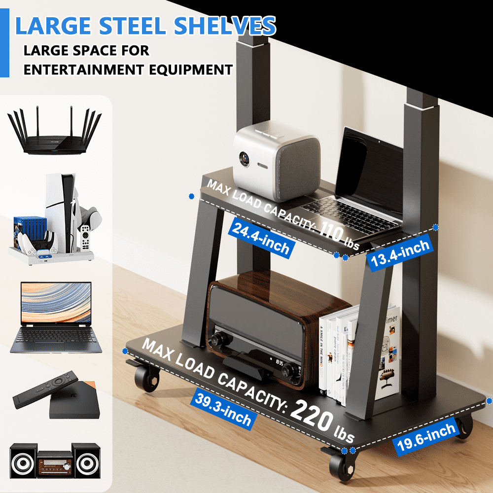 Mobile TV Cart Rolling TV Stand for 42- 100 inch Television Heavy Duty Portable TV Stand on Wheels, Height Adjustment, Holds Up to 180 LBS, Vesa 200×200-900×600mm